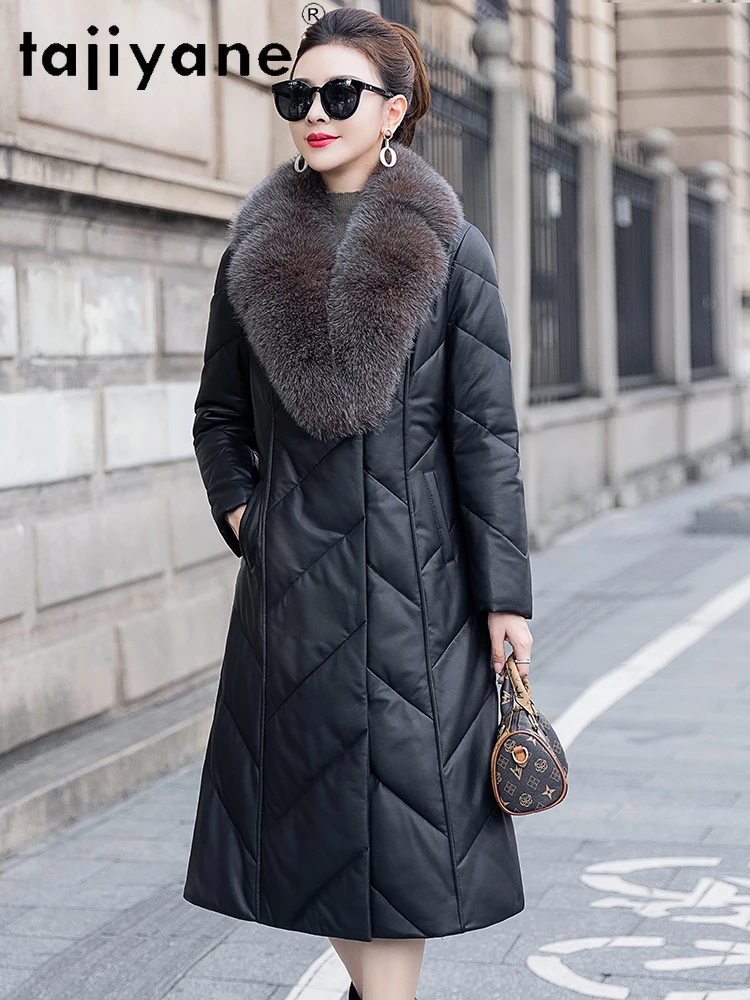 سترة من جلد الغنم من TAJIYANE للسيدات بياقة من فرو الثعلب معاطف طويلة سترات من الجلد الحقيقي 2025 ملابس شتوية للنساء
