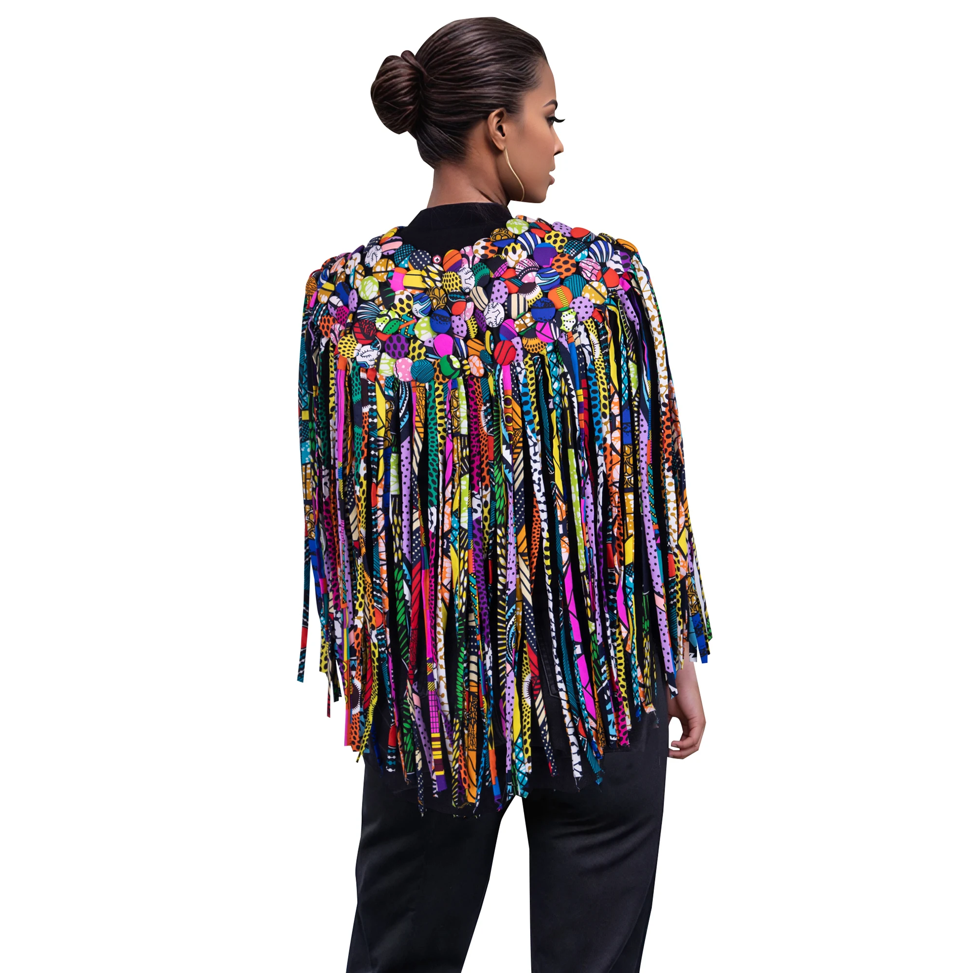 African Ankara Print Tassel Cape for Women, Colorful Fringe Shawl Open Front Poncho Bohemian Party Performance Outerwear wyB1057