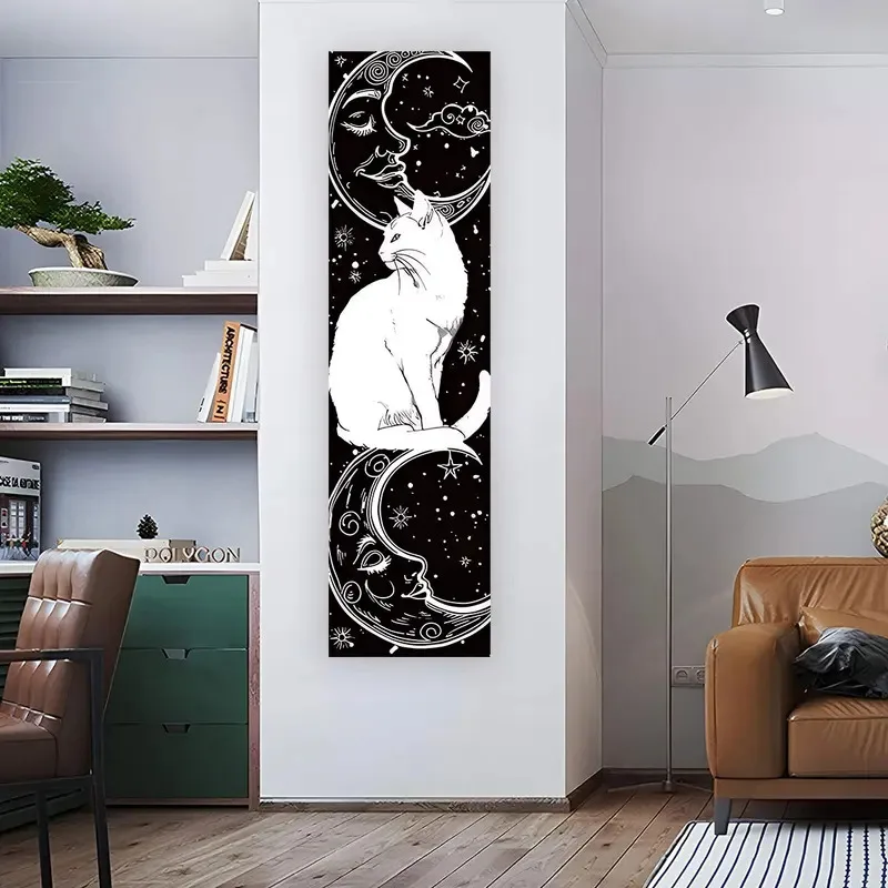 VIKAMA Wandteppich mit schwarzer Katze, Wandbehang mit sternenklarem, mondgeleuchtetem Himmel, Gothic-Bohemian-Stil, Dekoration für Schlafzimmer und Wohnzimmer, magisches Geschenk für Zuhause