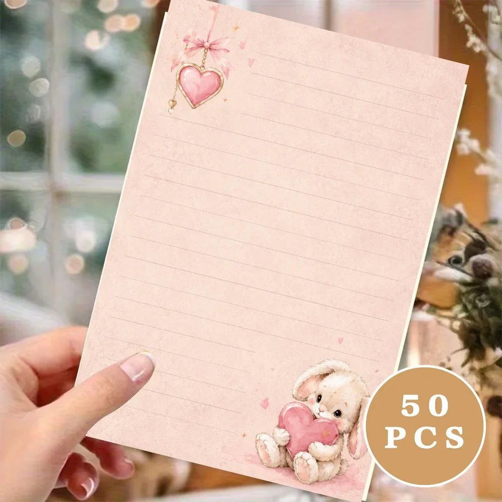 50 Sheets,Pink Heart-Shaped Little Rabbit -themed Writing Paper, Lined, Glue-free, Perfect For Notebooks, Memos, And Stickers