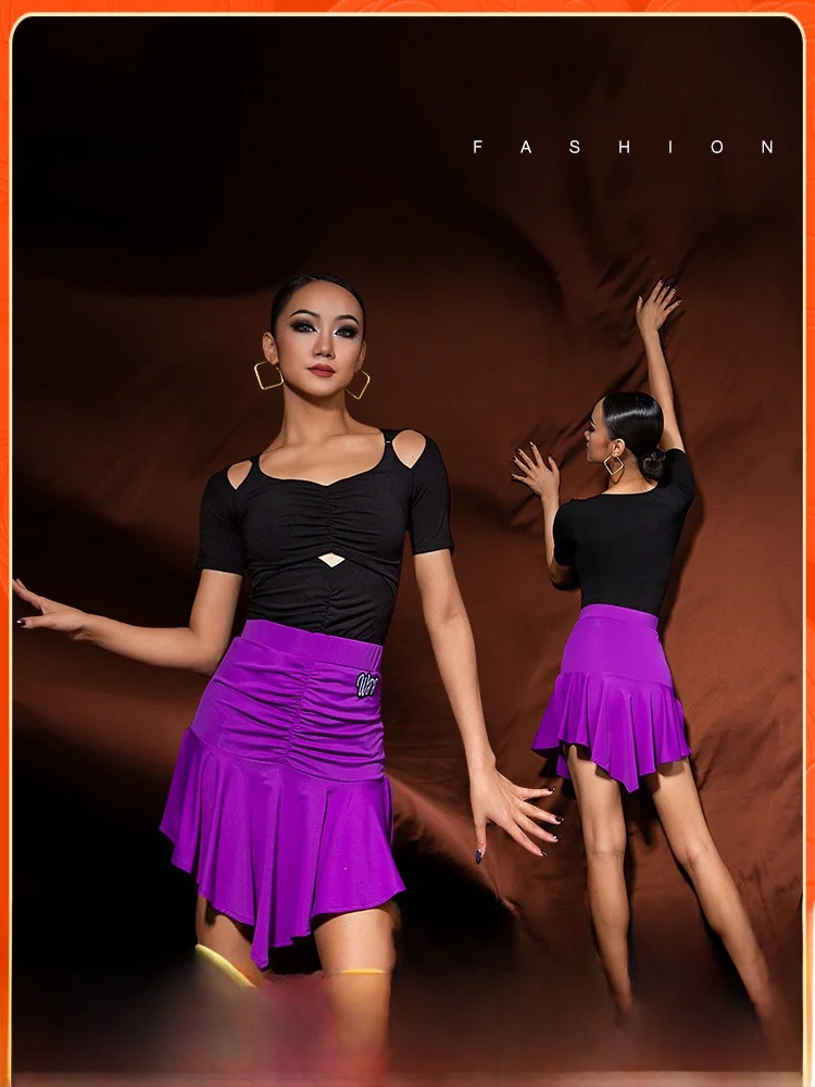 Spódnica do tańca latynoamerykańskiego WJJdance, damska, nowość 2025, z rozcięciem z boku, plisowana, asymetryczny dół, materiał poliestrowy, odzież fitness.