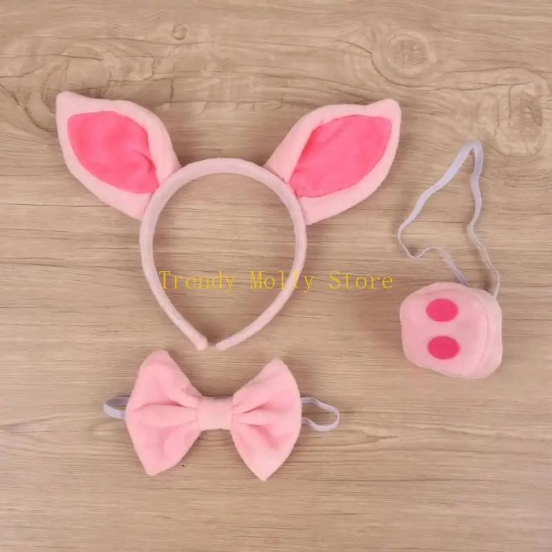 N5KB 1/4PCS Kids Animal Trang phục ưa thích đặt Pink Pig băng đầu mũi đuôi nơ