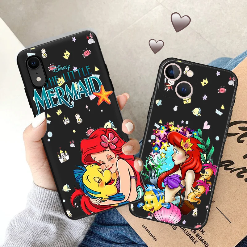 Phone Case for Apple iphone 16 Pro 15 12 11 13 Mini 14 Plus SE XR X XS Max 16Pro Little Mermaid Cute Soft Black Anti-Drop Cover