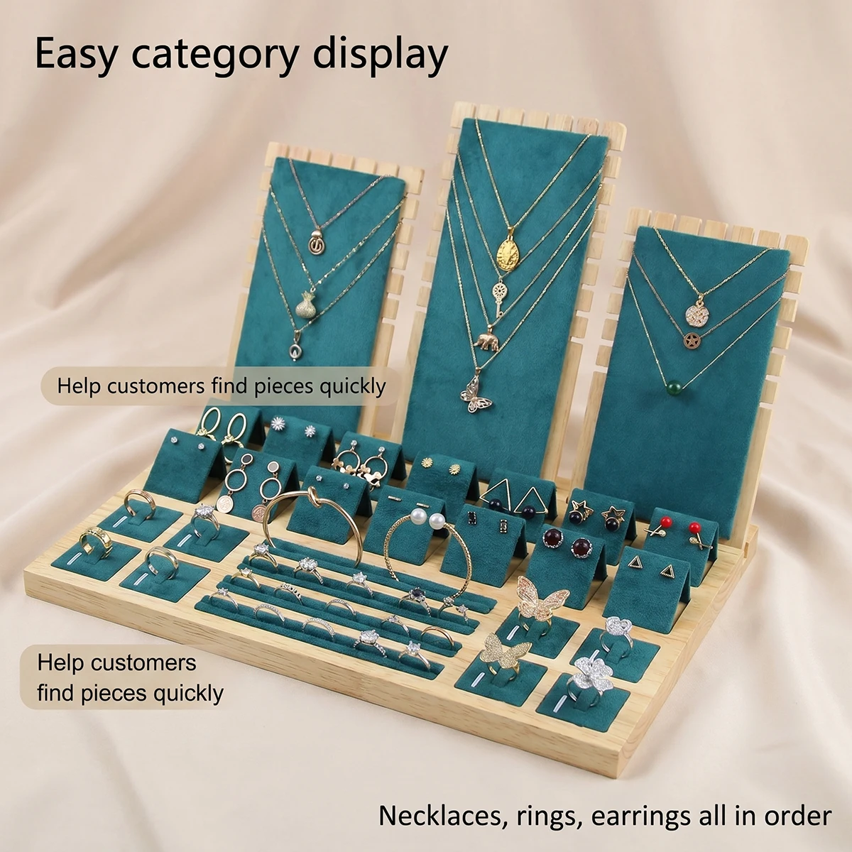 Wood & Velvet Jewelry Display Stand, Multi-Layer Organizer for Necklaces Rings Earrings, Boutique Showcase Tray