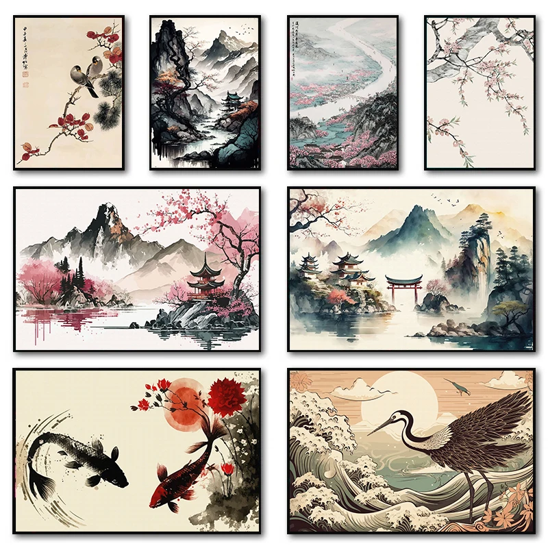 1pc frameless Canvas Painting Chinese Landscape Couple Birds Forest Mountain River Koi Carp Fish Art Poster Prints Canvas Painti