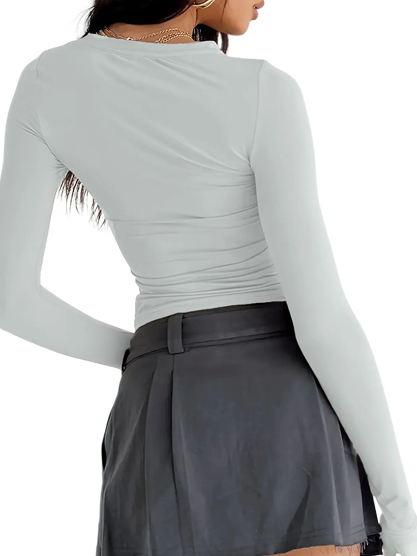 Damen-T-Shirt für Pendlerinnen, lässig, schlicht und modisch, einfarbig, mit langen Ärmeln – Detail 12