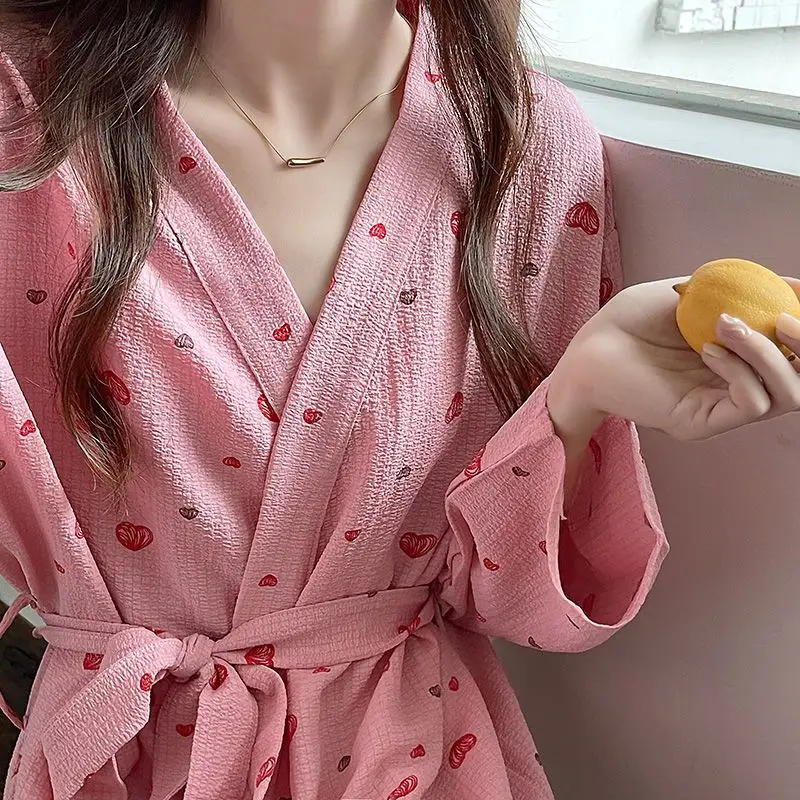 

Lace Up Spring Autumn Pajama Robes Female Korean Version Sweet Love Printing Sleepwear Girl Bathrobe Long Ins Fresh Home Clothes