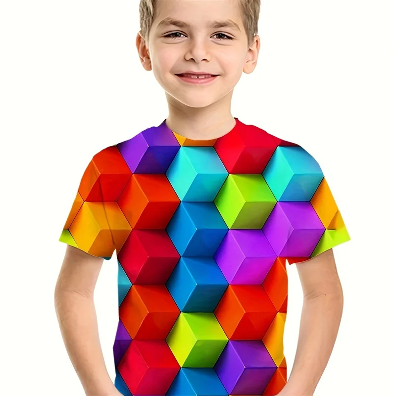 Funny Kids Tee Shirts Brick Cube Graphic T Shirt For Men Clothing 3D Building Blocks Jigsaw Printed T-shirt Unisex Short Sleeve