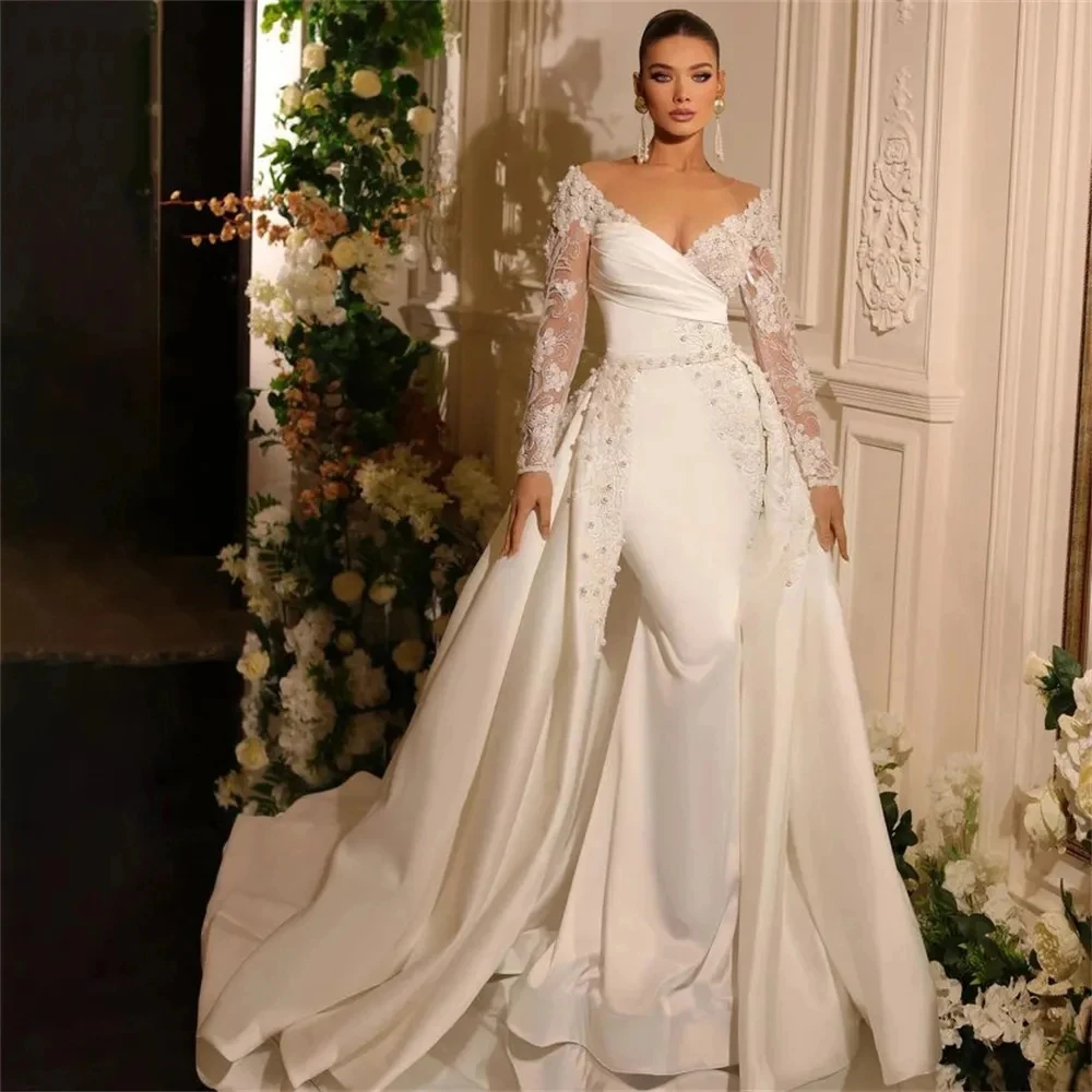 Vestidos de casamento de luxo com trem destacável cetim vestidos de noiva rendas apliques miçangas sereia vestidos de novia 2025 personalizado