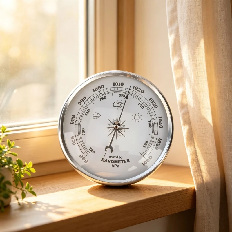 Round Air Pressure Meter with Metal-Look Frame, 130 mm Indoor Weather Reference Instrument for Home Office Wall or Desk Display