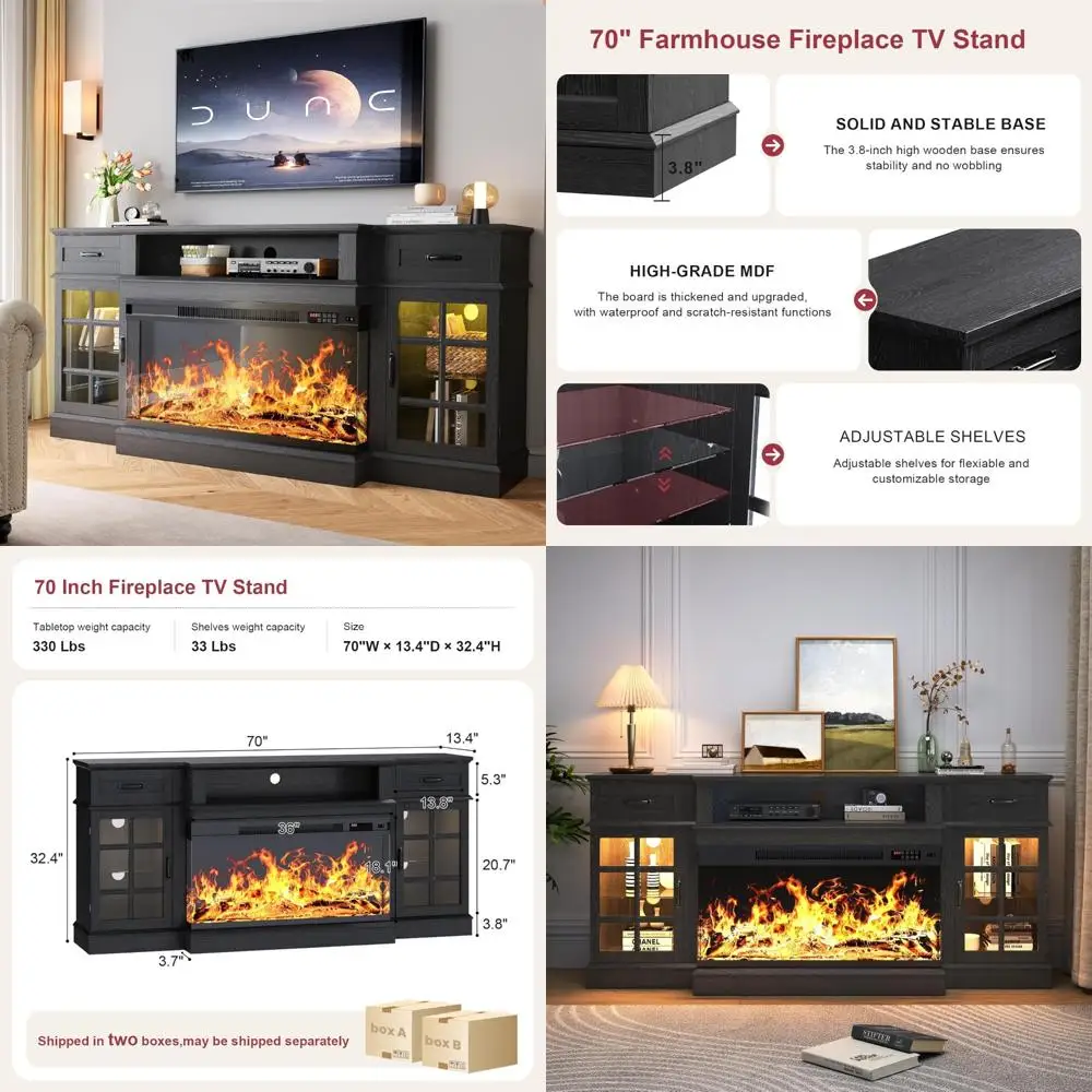 

70 Современная деревянная подставка для телевизора с 3-сторонним стеклянным камином, светодиодной подсветкой и развлекательным центром со стеклянной дверью