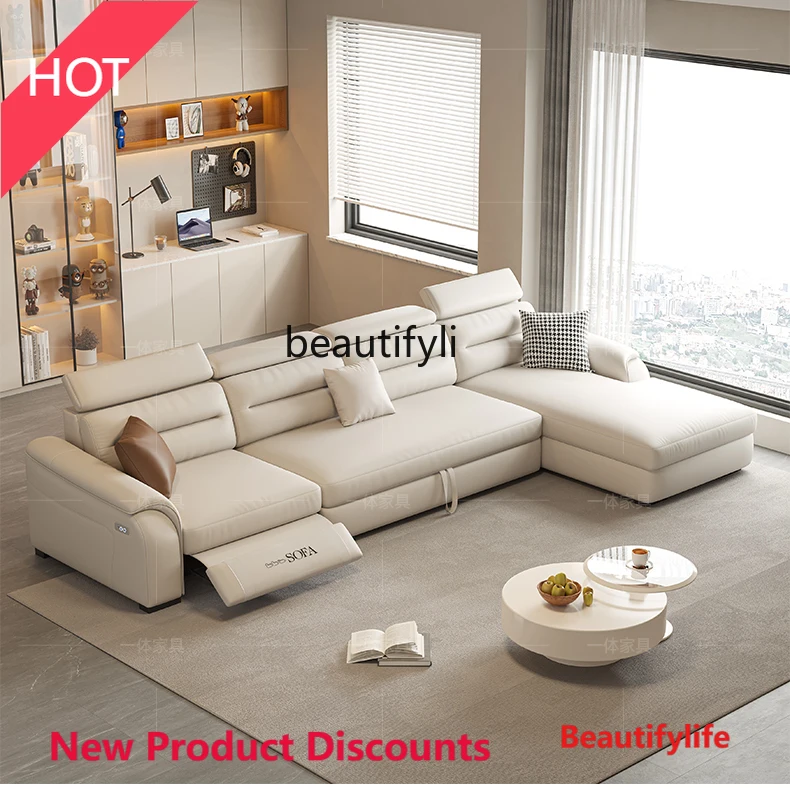 A9344 Leather Function Electric Retractable Sofa Adjustable Space Capsule Home Theater Living Room Straight Row Three-Seat Zero