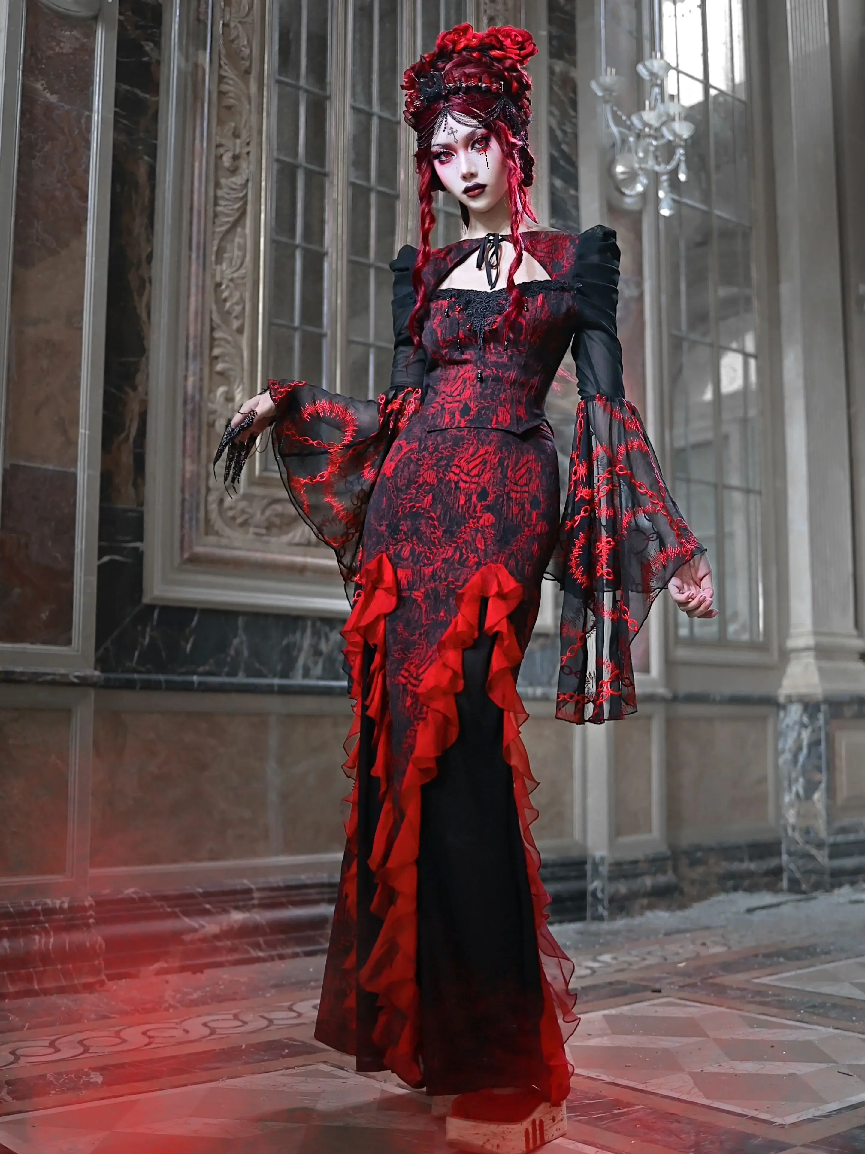 Blood Supply Original Devil Gothic Rose Print Long Skirt Punk Girls X-long Chiffon Mesh Patch Trumpet Skirt Red Black Summer