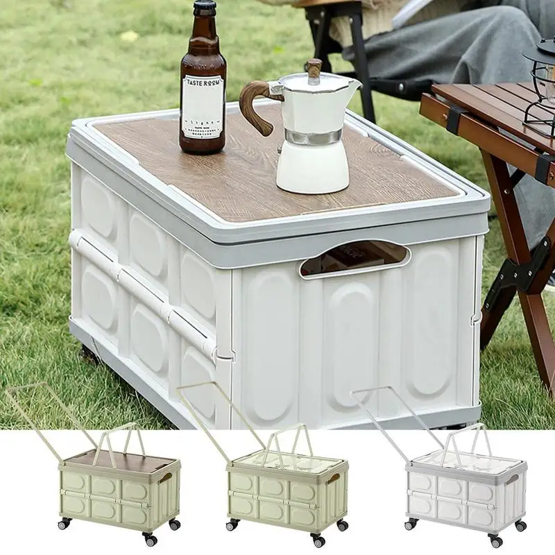 Camping Storage Box With drawbar and wheels Folding Outdoor Food organizer with table board Picnic Chopping Board for camping