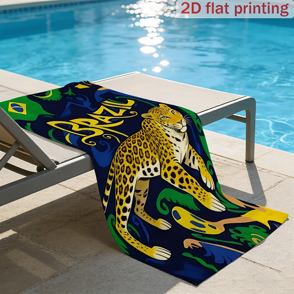 1PC Brazilian Jaguar Print Beach Towel Vintage Football Elements Quick Dry Large Bath Towel for Beach Vacation Shoulder Wrap
