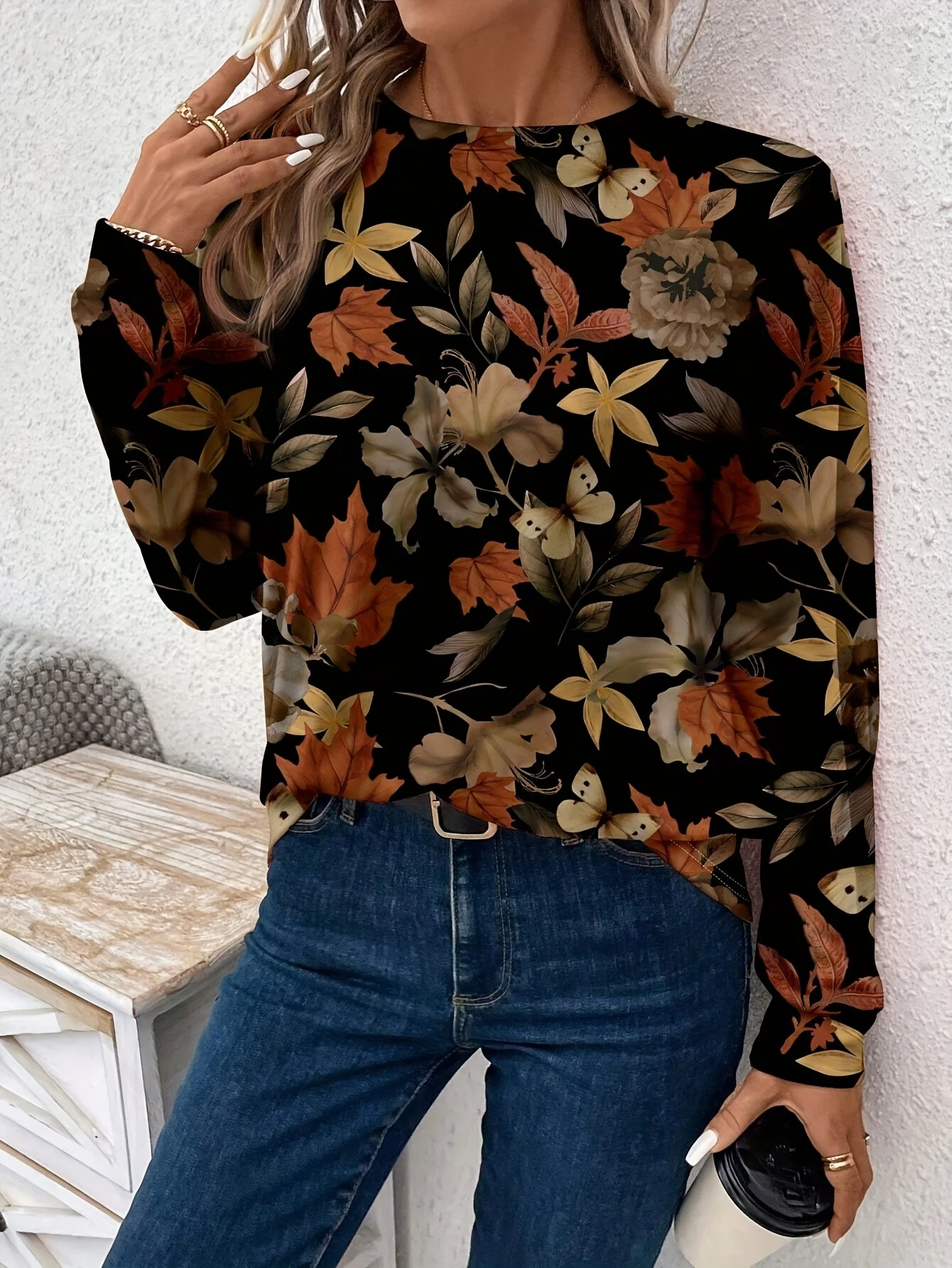 AliExpress Europe and the United States cross-border Spring and Autumn Plus Size new full-body printed crewneck long-sleeved top