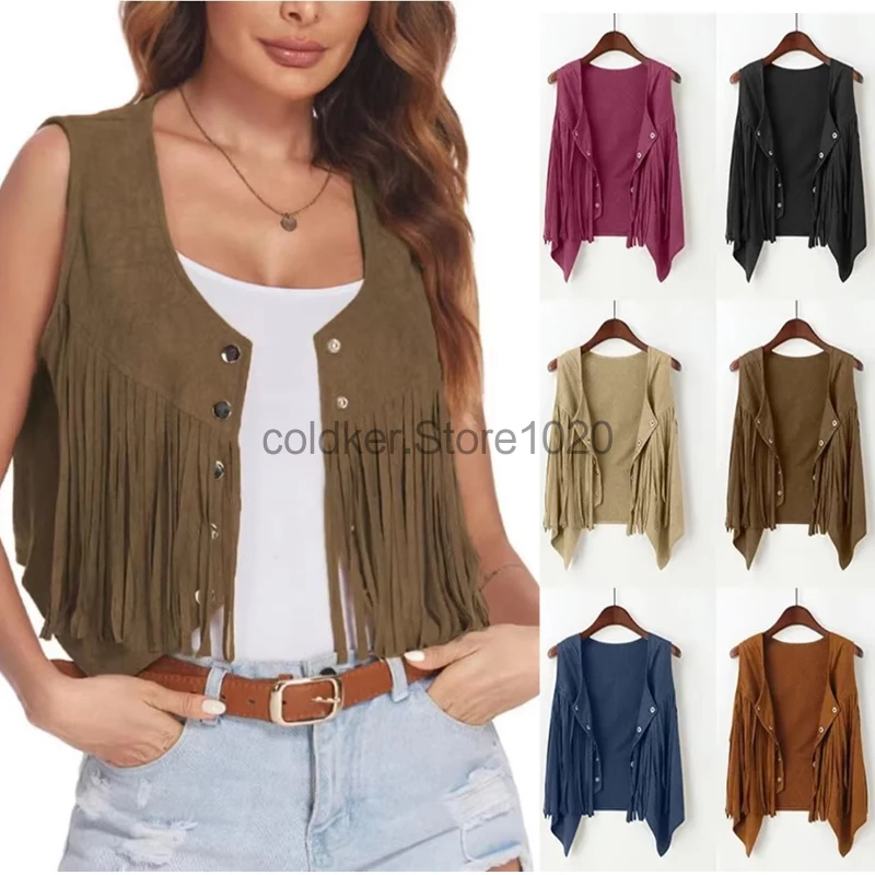 

New Women Faux Suede Ethnic Sleeveless For Jacket Rivet Fringe Tassels Hippie Open Front Cardigan Vintage Cowgirl Waistcoat Vest
