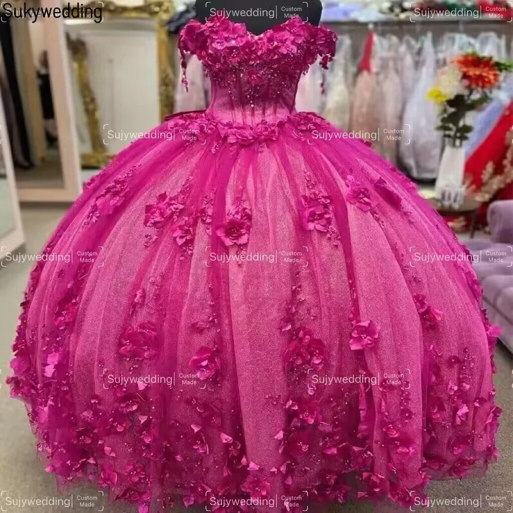 Vestidos princesa Quinceanera, fúcsia, apliques florais 3D, fora do ombro, 16 vestidos doces, espartilho grande com desossagem, 15 anos