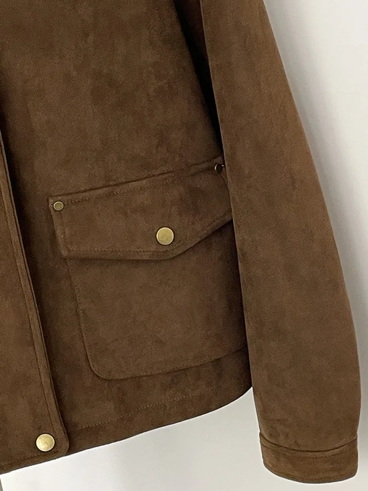 ZMEENNA ダークブラウンフェイクスエードジャケット女性用ボタン 2 つのポケットスタイリッシュで暖かいカジュアル冬アウター ZM4039