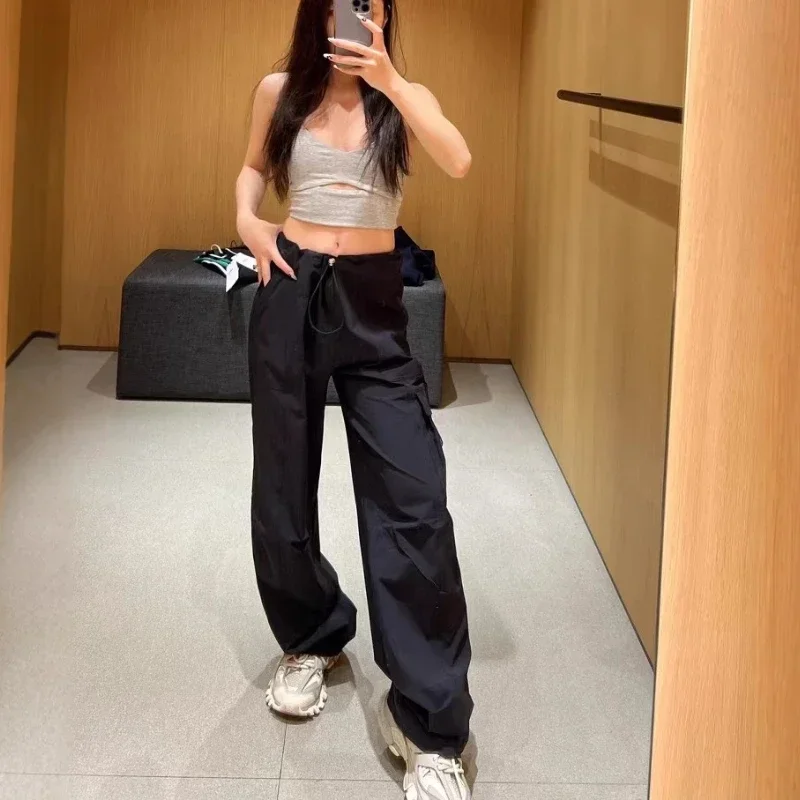 Sport Wide Leg Pants Women High-waisted Thin Quick-drying Drawstring Cargo Pants Casual Loose Black Straight Trousers Women