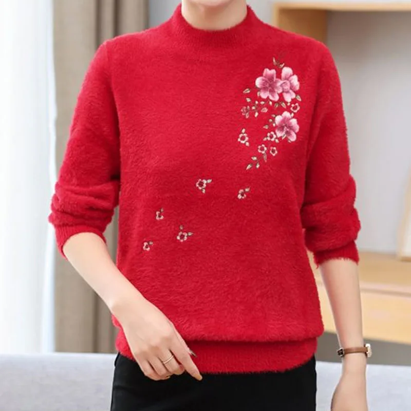 Floral Embroidery Solid Color Fashion Female Sweaters Autumn Winter Warm Half High Collar Long Sleeve Jumpers Women's Clothing