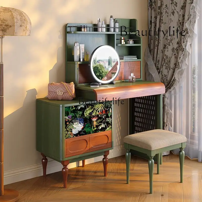 

Master bedroom French medieval solid wood cabinet integrated telescopic dresser mirror with lamp makeup mirror