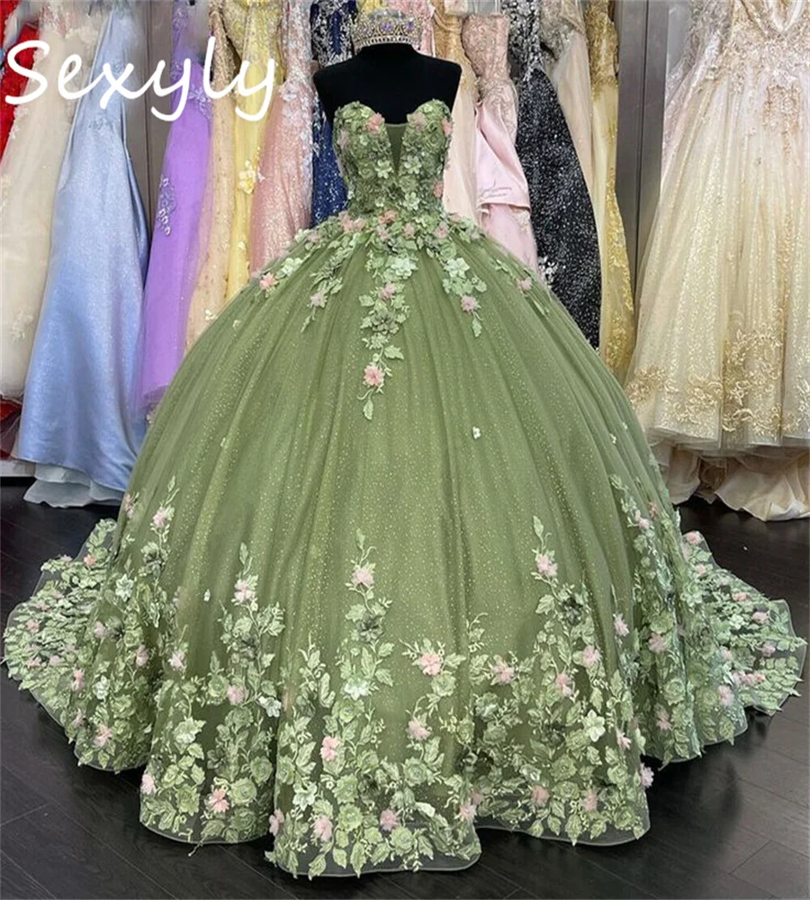 Sparkle Sage Green Quinceanera Dresses Charro Xv Mexican Vestidos De 15 Anos Lace Up 3D Floral Birthday Party Gown Customized