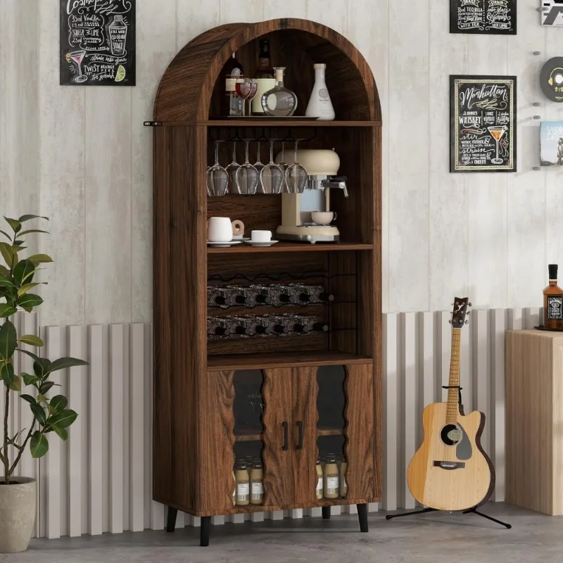 Farmhouse Arched Wine Bar Cabinet with 15 Bottle Rack and 16 Glass Holder Tall Liquor Storage Display for Living Room Dining
