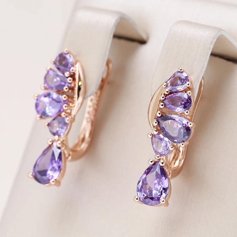 Wbmqda Luxury Fashion Purple Crystal Flower Drop Earrings For Women 585 Rose Gold Color Wedding Party Fine Zircon Jewelry Gifts