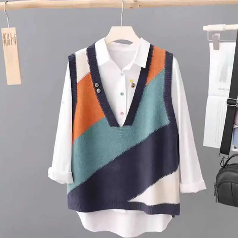 Spring Autumn 2025 New Women's V-neck Knitted Sweater Outerwear Color Block Hooded Top Layering Vest Tank Top Commute Style