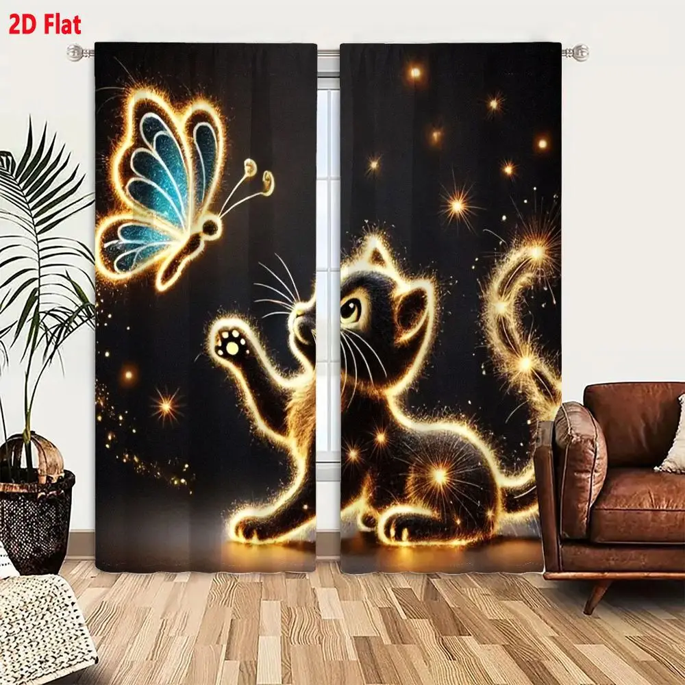 2Pcs Curtains 2D Flat Magical Glowing Black Cat And Butterfly Illustration With Golden Sparkles On Dark Background Window Drapes