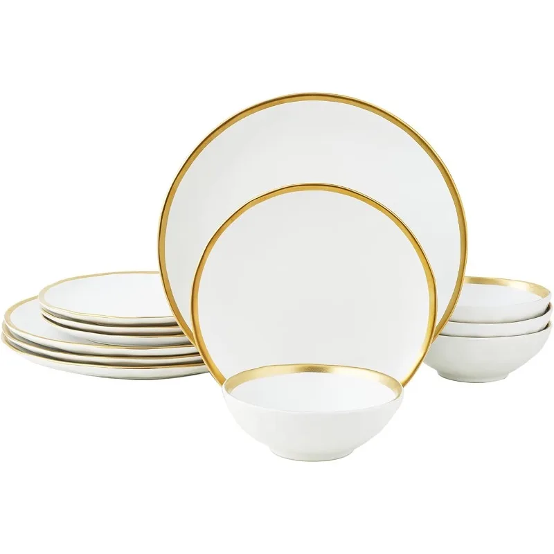 

Pokini Matte White Porcelain Dinnerware Sets 12 Piece Service for 4 Dishes Round Plates Bowls Golden Rim Dish Set for Home Decor