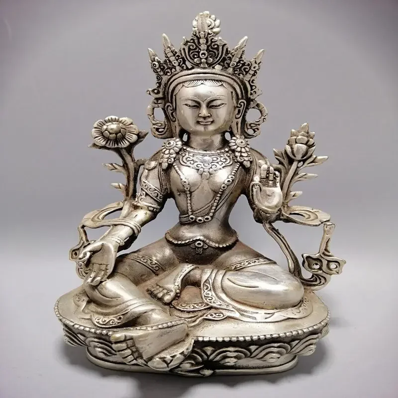 

14 cm Tibet Silver Buddhist Joss Protect Set Lotus 7 Eyes White Tara Buddha Statue choice
