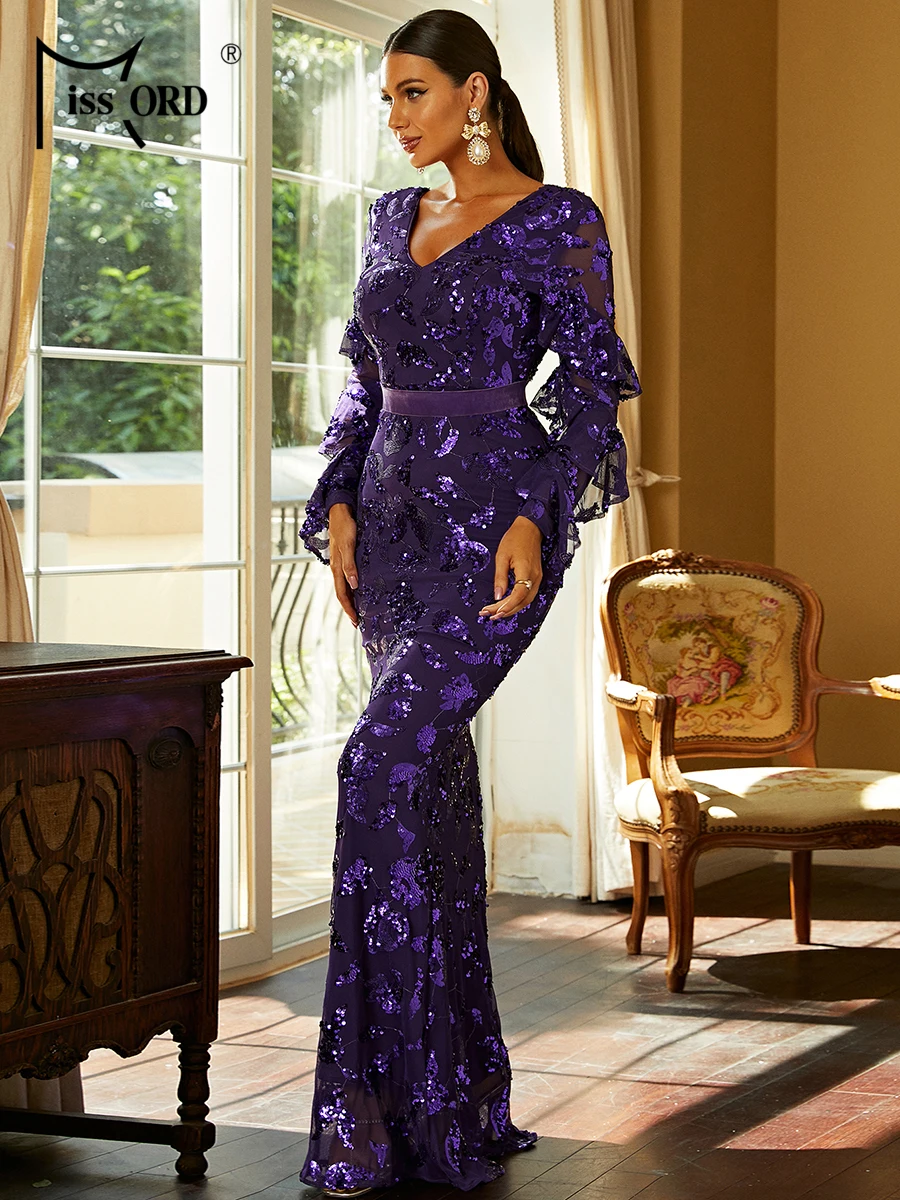 Missord Elegant Purple Sequin Wedding Party Dress Women V Neck Ruffles Long Sleeve Bodycon Cocktail Prom Dresses Evening Gown