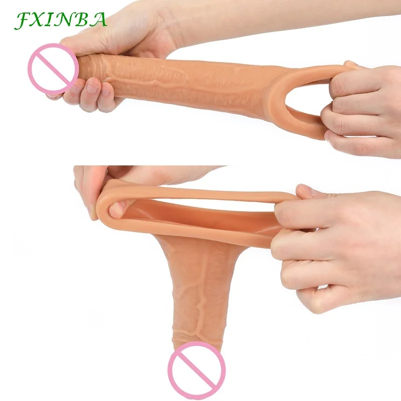 FXINBA 14-20cm Realistic Silicone Penis Extender Sleeve Delay Ejaculation Reusable Condoms Sex Toys For Men Extention