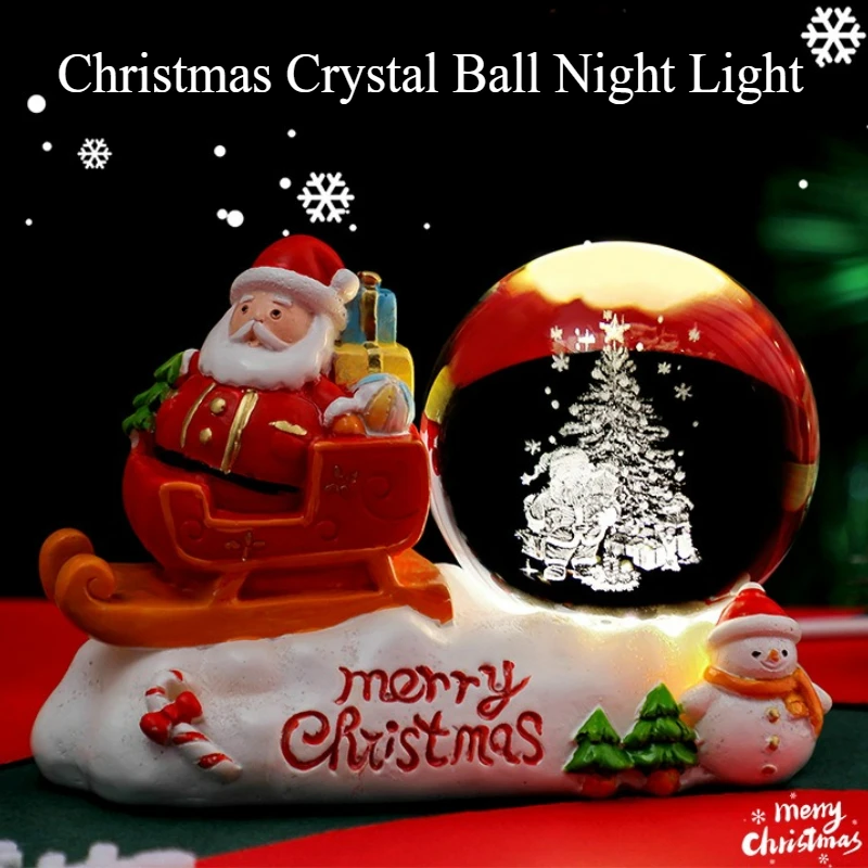 Father Christmas Sled Glowing Crystal Ball Night Light USB Battery Dual Use Desktop Decoration Christmas Scene Children's Gifts