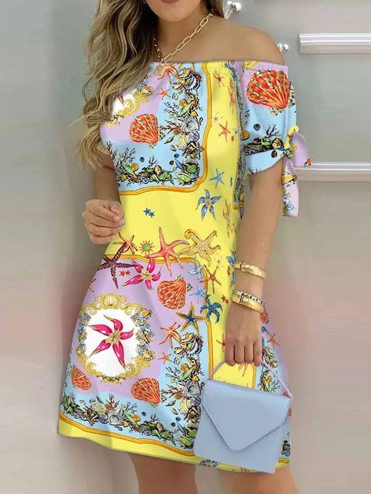 Minivestido con hombros descubiertos para mujer, vestido Sexy de manga corta con lazo y estampado Floral a rayas, moda informal holgada de verano