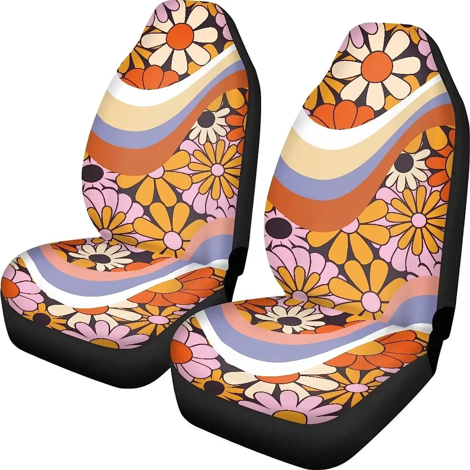 Cute Automotive Seat Protector Hippie Floral Print Front Seat Covers for Car Trucks SUV Nonslip Scratch Proof Washable