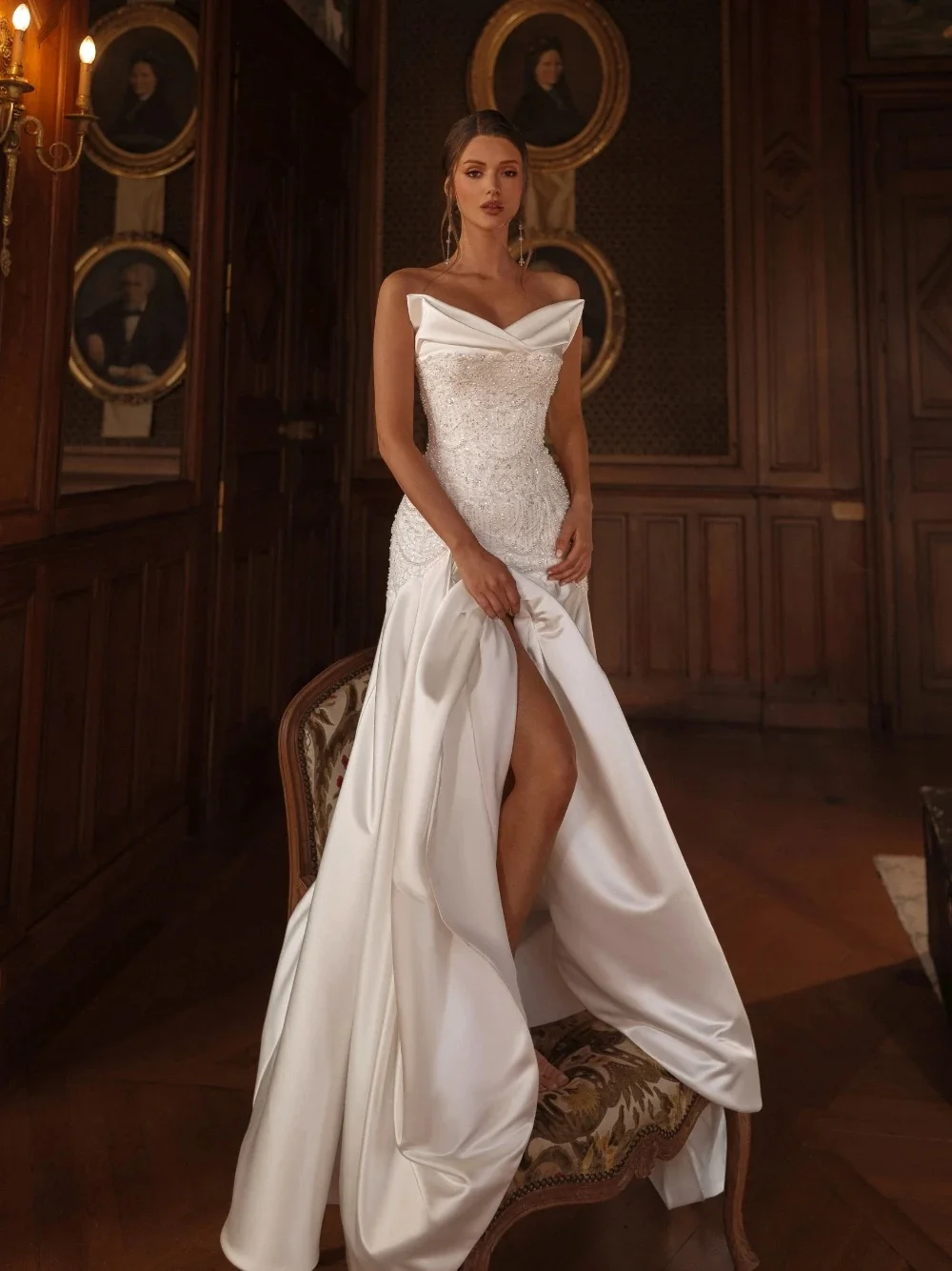 ZanBan Satin Pearls Beading Mermaid Wedding Dress Dazzling V Neckline Customized Bridal Gown Delicate Vintage Women Newest Wear