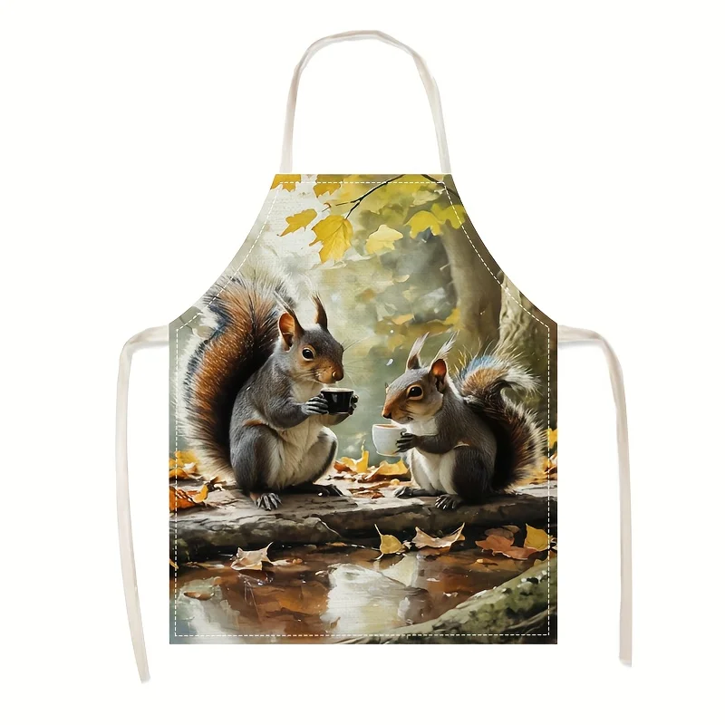 Linen Apron Squirrel Coffee Scene Print Kitchen Cooking Baking Gardening Craft Art Painting Protective Wear Home Chef Gift Idea