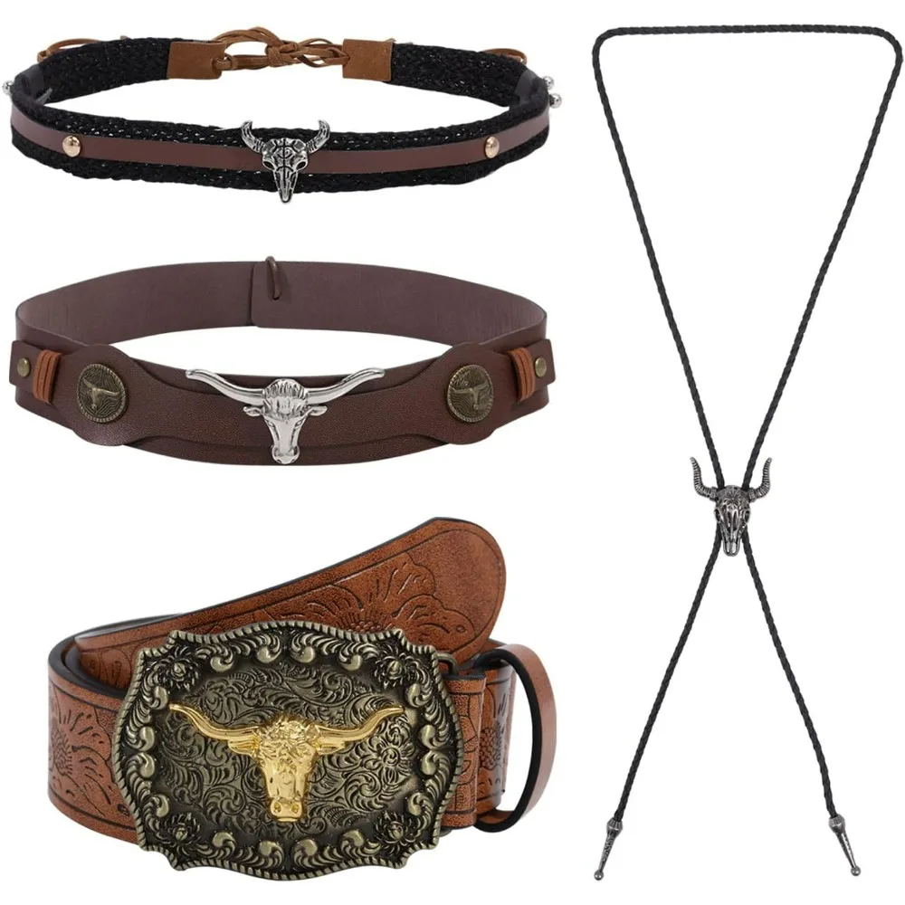 4pcs Western Cowboy Accessories Include 2pcs Cowboy Ethnic Western Hat Bands 1pc Buckle Belts and 1pc Bolo Tie for Men Women