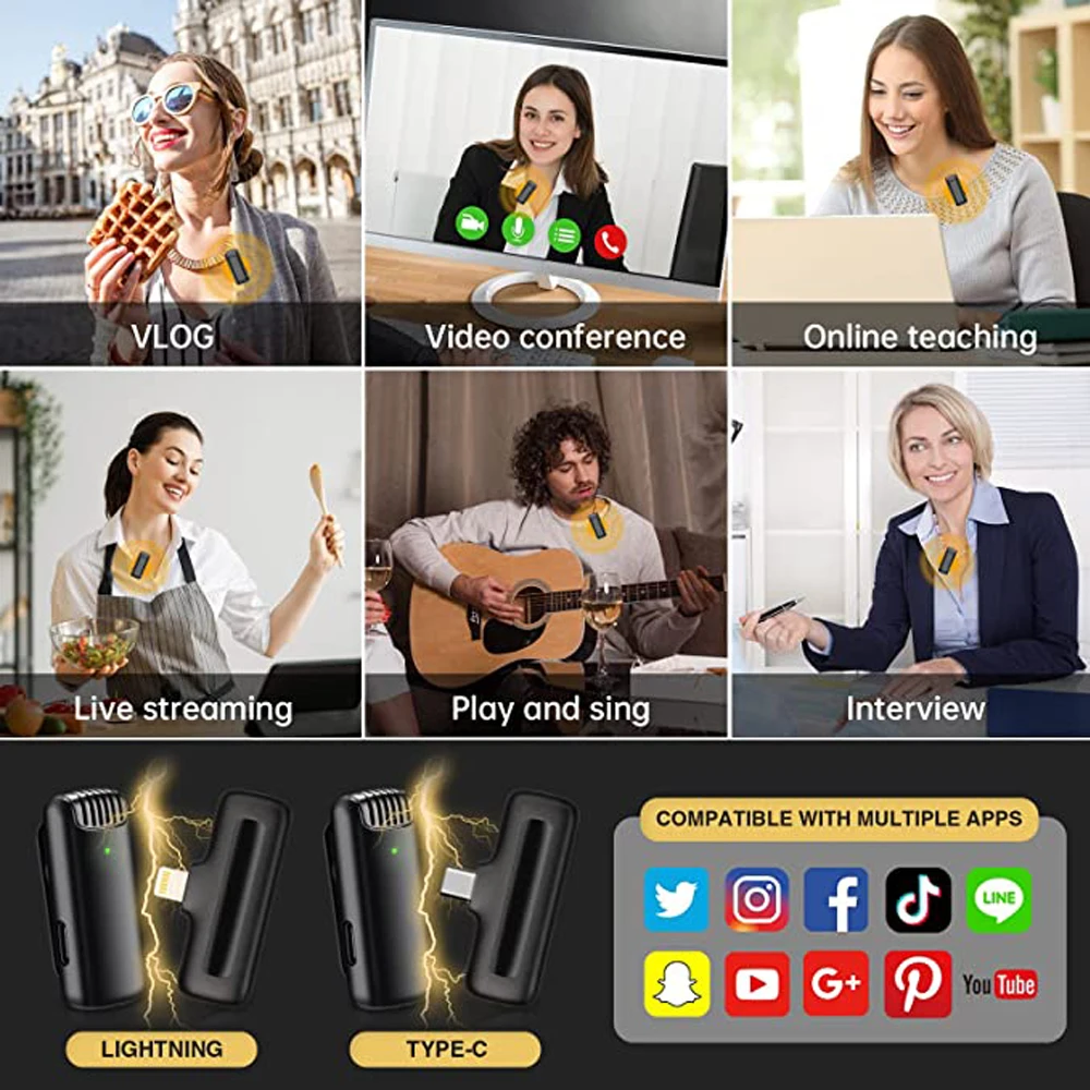 Microfono Lavalier Wireless Mini microfono portatile per registrazione Audio Video con riduzione del rumore per iPhone Android con scatola di ricarica