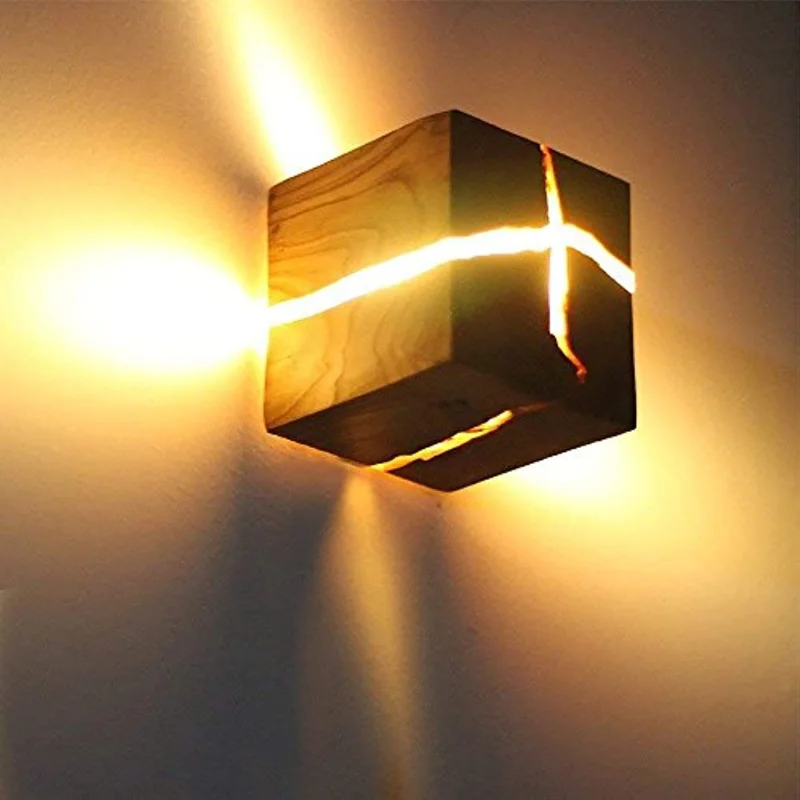 

LED Wooden Crackle Wall Lamp 5W Creative Square Bedside Lamp Living Room Bedroom Corridor Staircase Decoration Night Light