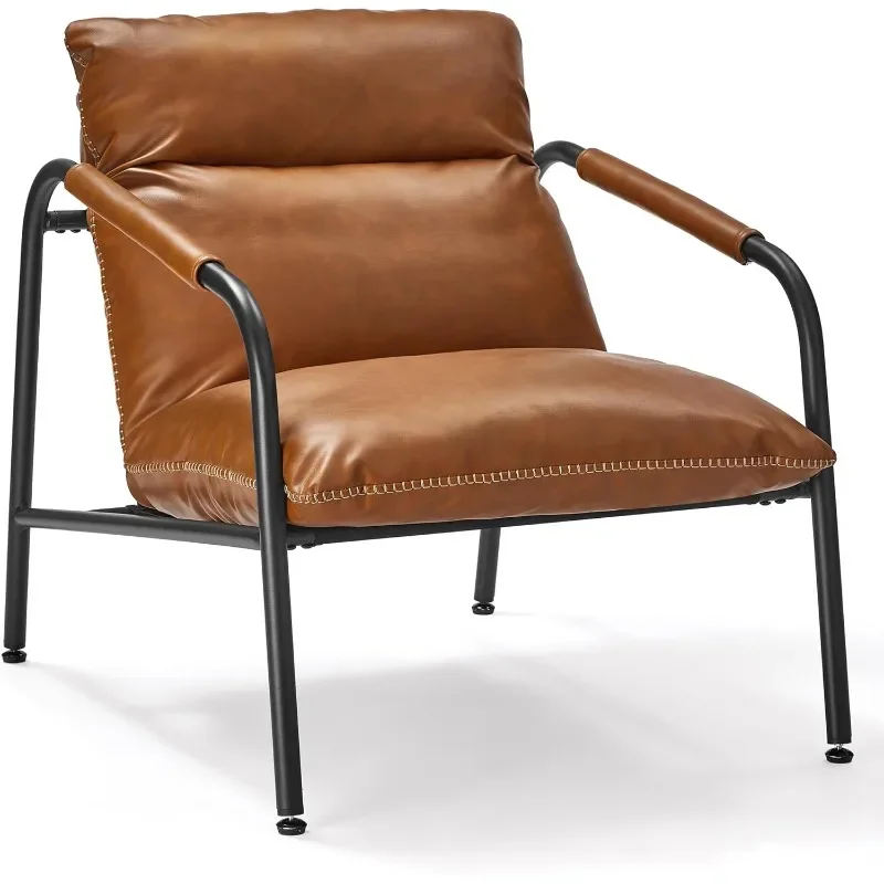 EKHO Collection - Accent Chair, Metal Framed Armchair, Synthetic Leather with Stitching, Mid-Century Modern, Sling Chair