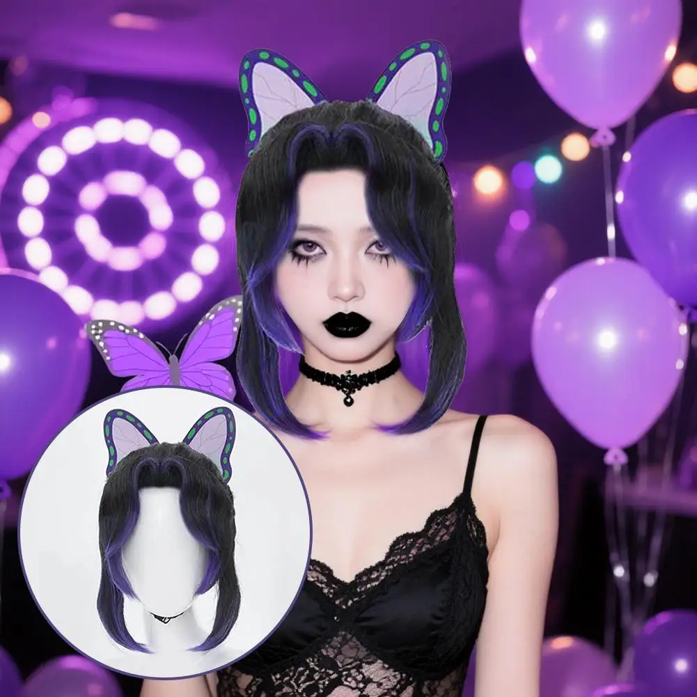 Para peluca de Cosplay de Anime, pelo sintético negro y morado para fiesta de disfraces de Halloween con gorro de peluca gratis + Clip de mariposa W5W1