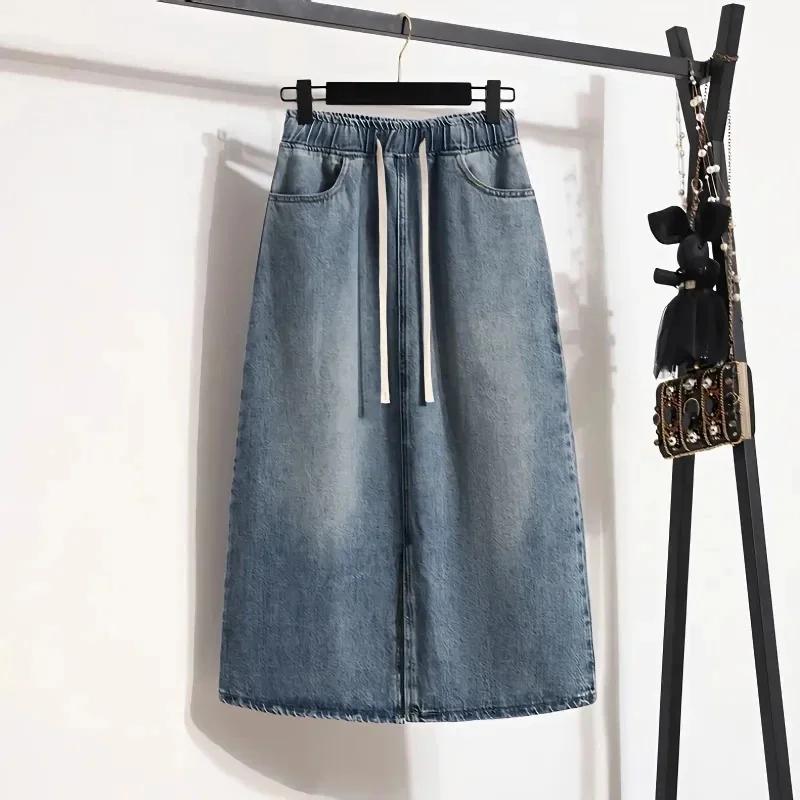 

New Summer 2024 Reduction Elastic Waist Women's A Word Cowboy Half Skirt Korean Version Temperament Forking Ladies Denim Skirt