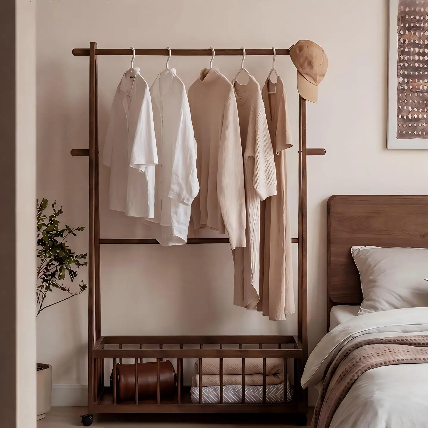 Solid wood coat rack, bedroom floor-standing mobile clothes hanging rack, living room household storage rack, bag rack