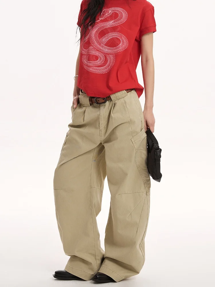 

Retro American Waed Pleated Large ket Work Trousers Men's Spring Autumn Straight Leg Wide Leg Floor Length Knife Jeans