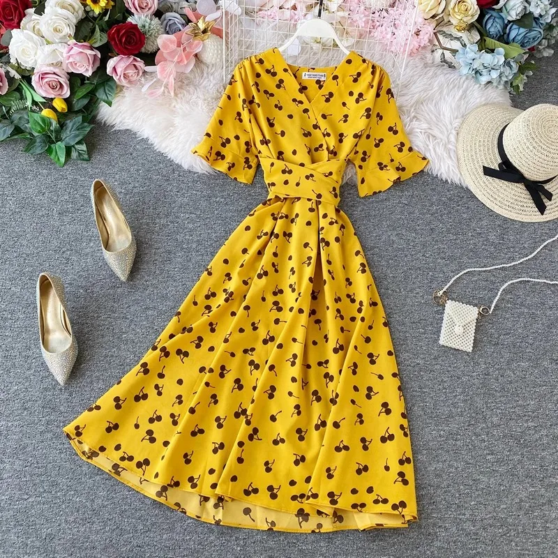 YuooMuoo Women Dress Fashion Vintage Ins Bandage Slim Waist A-line Long Dress Vacation Beach Summer Outfits Lady Robe Femme