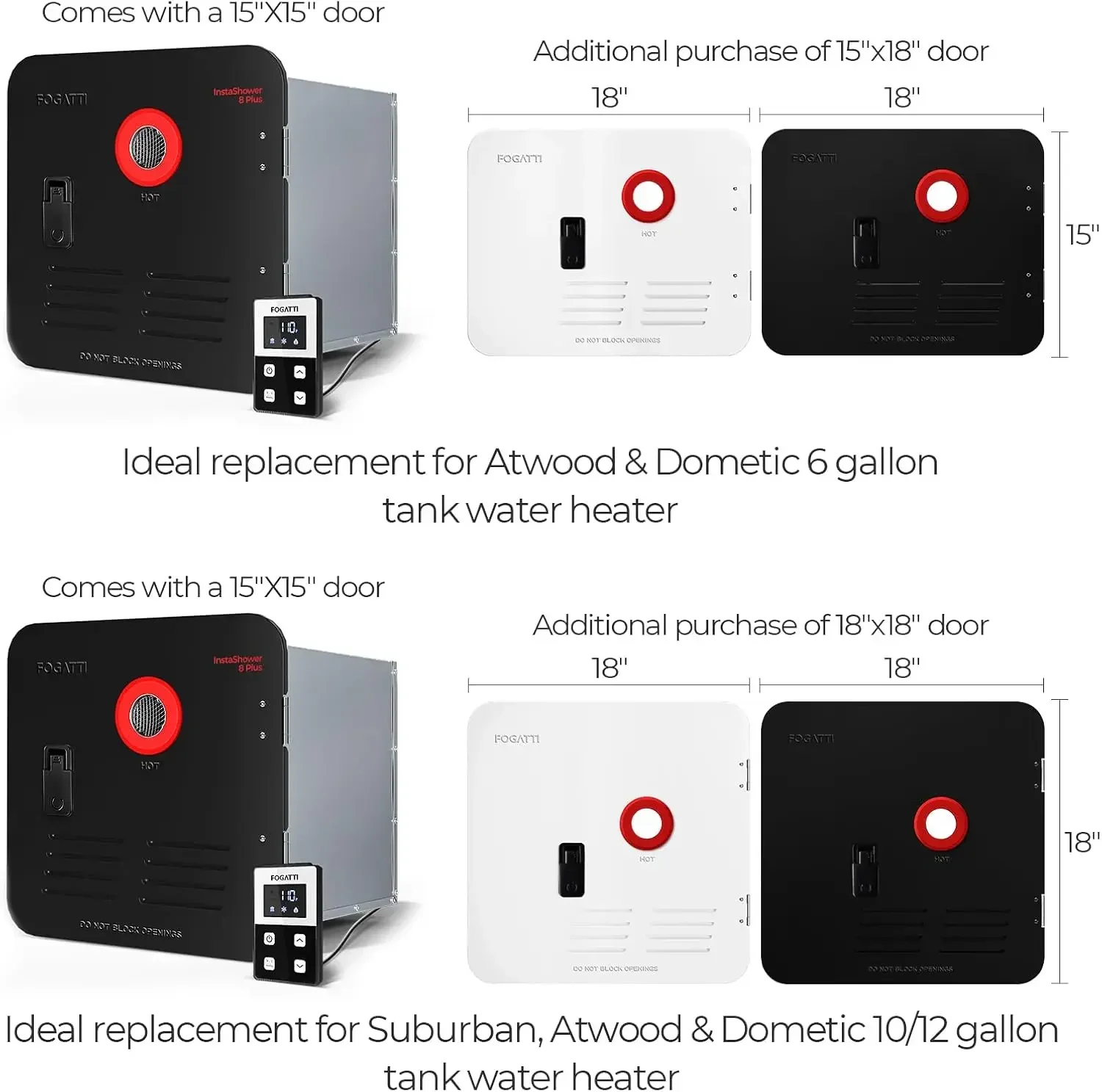 RV Tankless Water Heater, InstaShower 8 Plus, Gen 2, with 15 x 15 inches Black Door and Remote Controller, DC 12V,